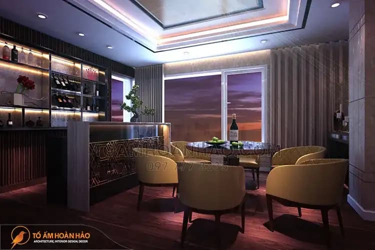 Một góc trong phòng giải trí là không gian thưởng thức rượu vang
