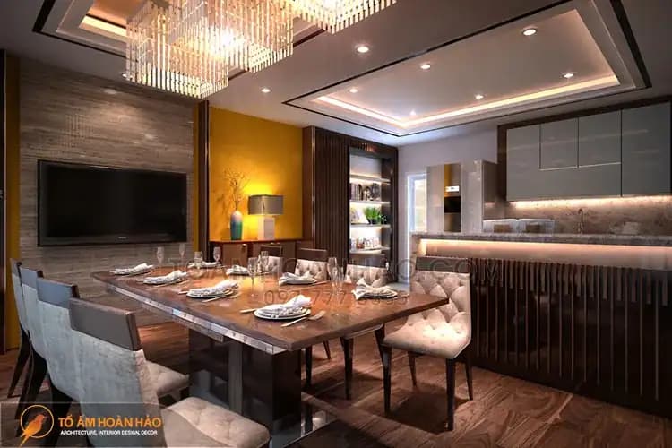 Bàn ghế phòng ăn sang trọng được làm từ chất liệu gỗ cao cấp bọc vải