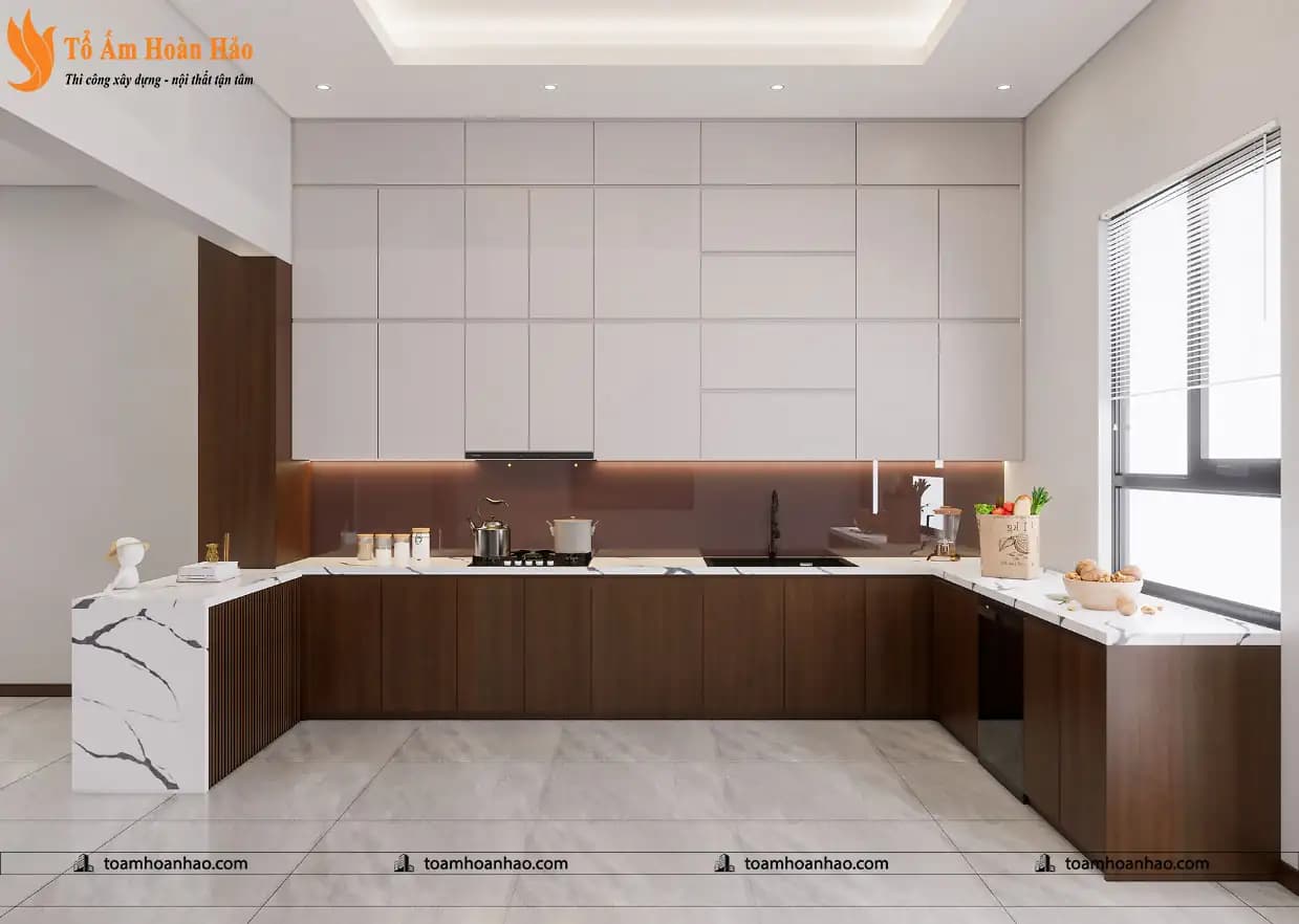 Mẫu tủ bếp chữ L tiện nghi