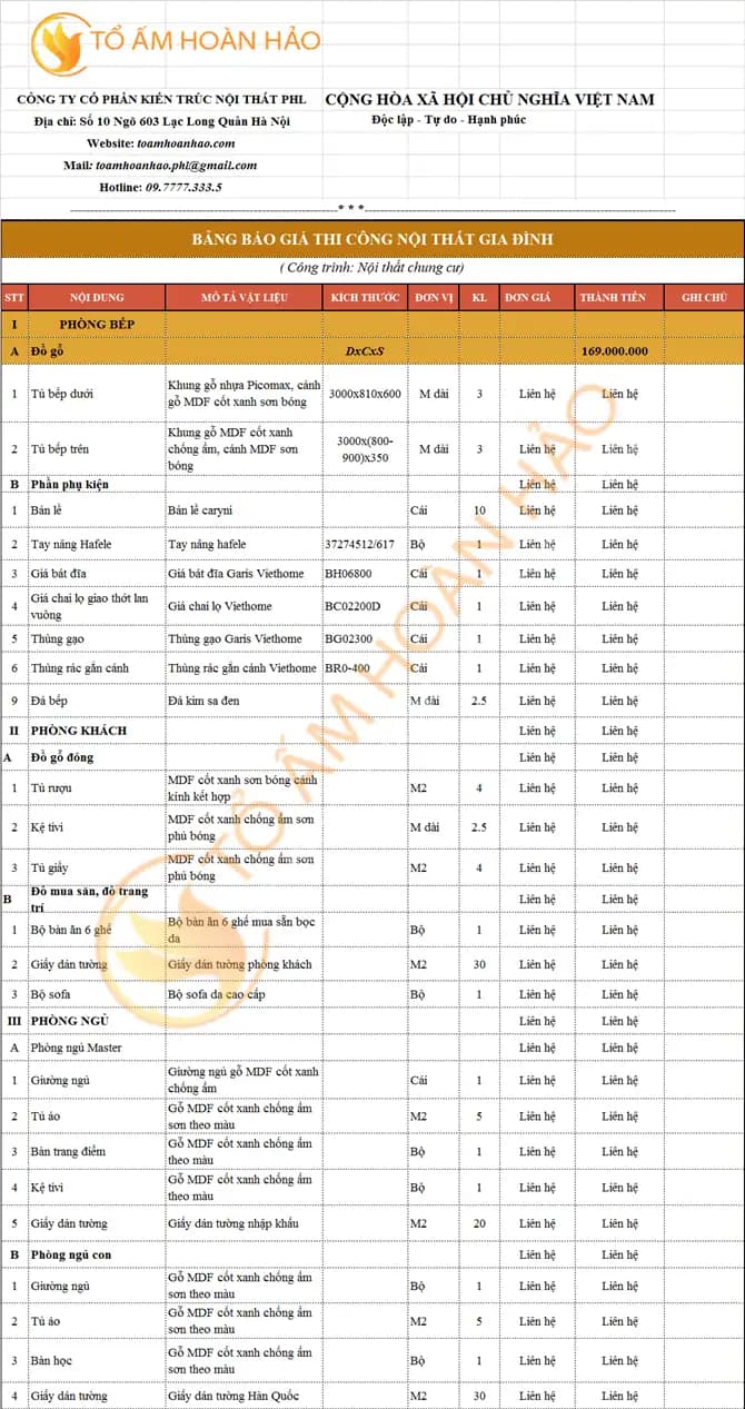 Gói nội thất hoàn thiện 169 triệu