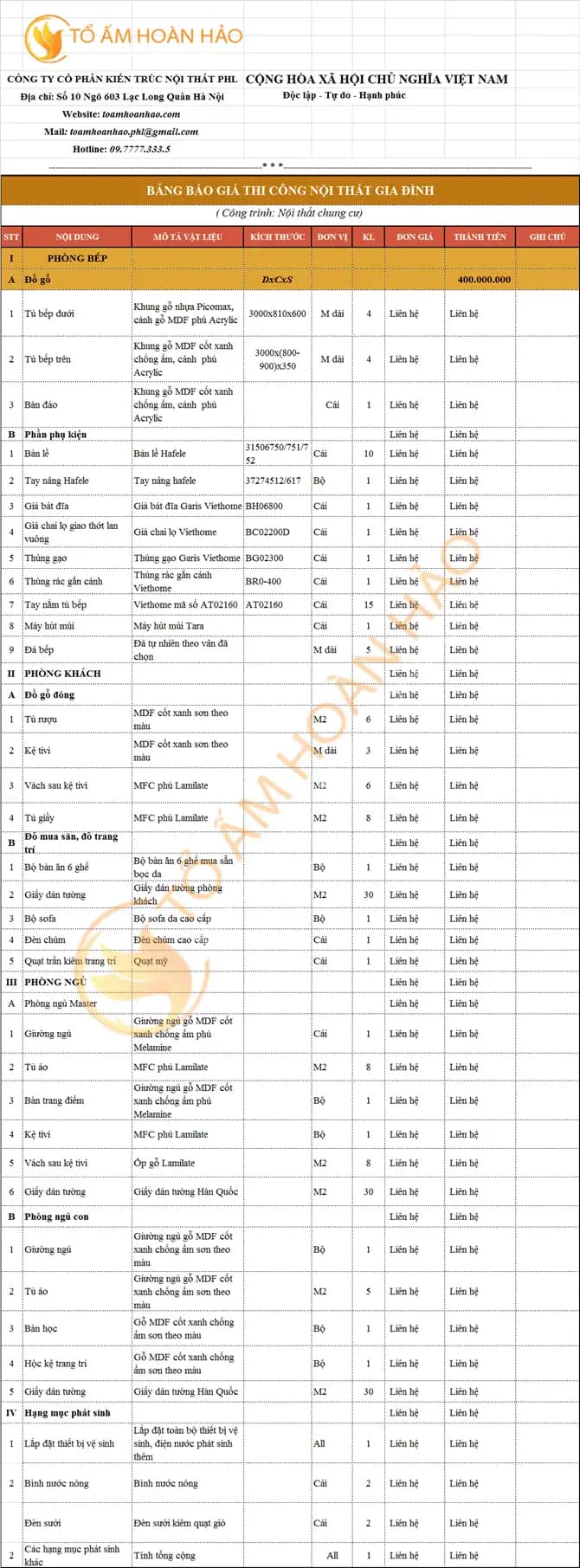 Gói nội thất hoàn thiện 400 triệu 2 phòng ngủ