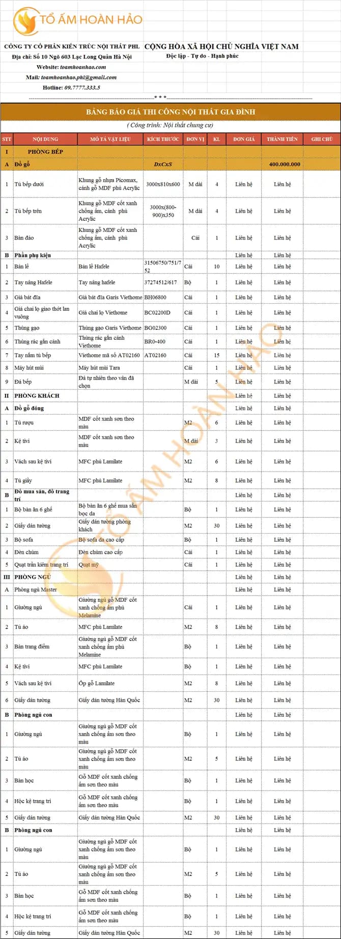 Gói nội thất hoàn thiện 400 triệu 3 phòng ngủ