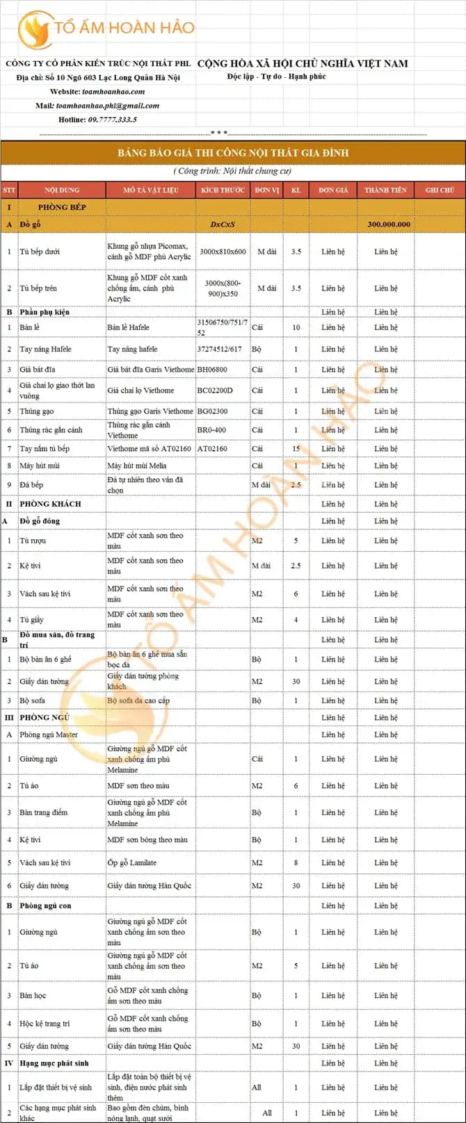 Gói nội thất hoàn thiện 300 triệu 2 phòng ngủ