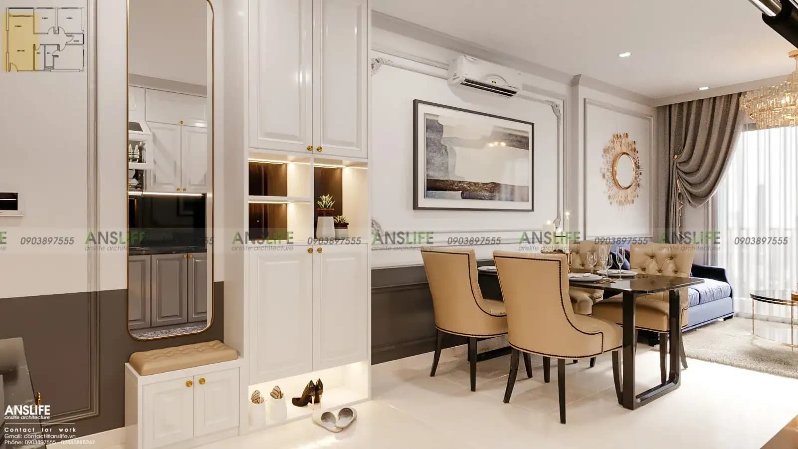 THIẾT KẾ NỘI THẤT CHUNG CƯ VINHOMES GRANDPARK DIỆN TÍCH 82M2 – PHONG CÁCH BÁN CỔ ĐIỂN SANG TRỌNG