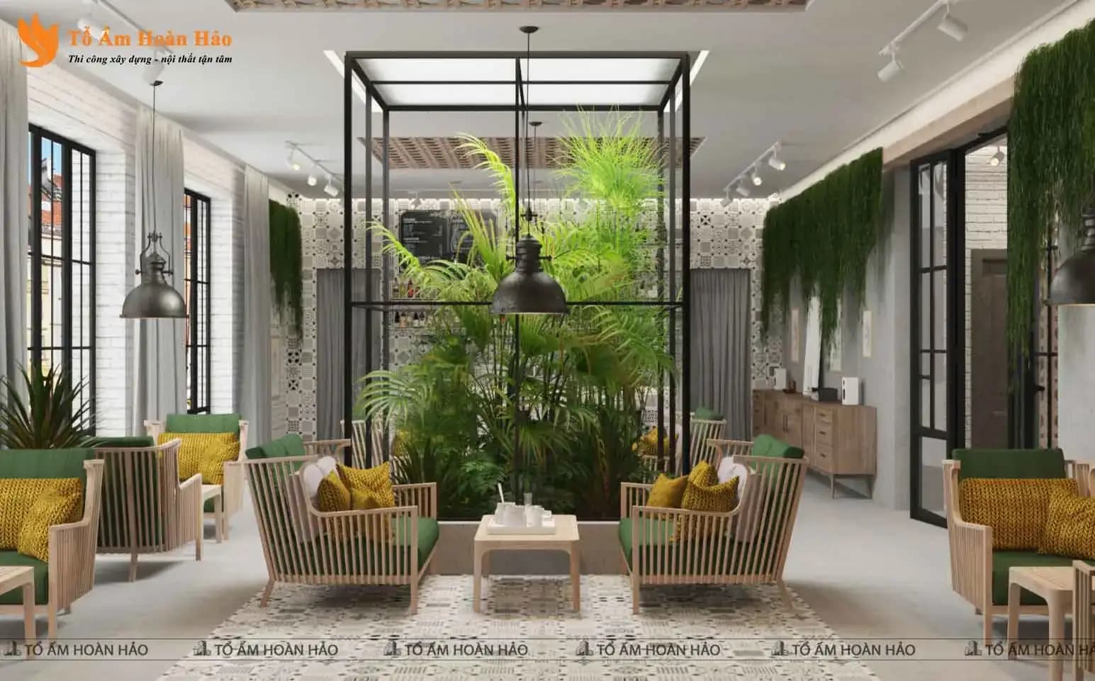 CHIÊM NGƯỠNG THIẾT KẾ QUÁN CÀ PHÊ 120M2 PHONG CÁCH TROPICAL XANH MÁT – SHOHA COFFEE
