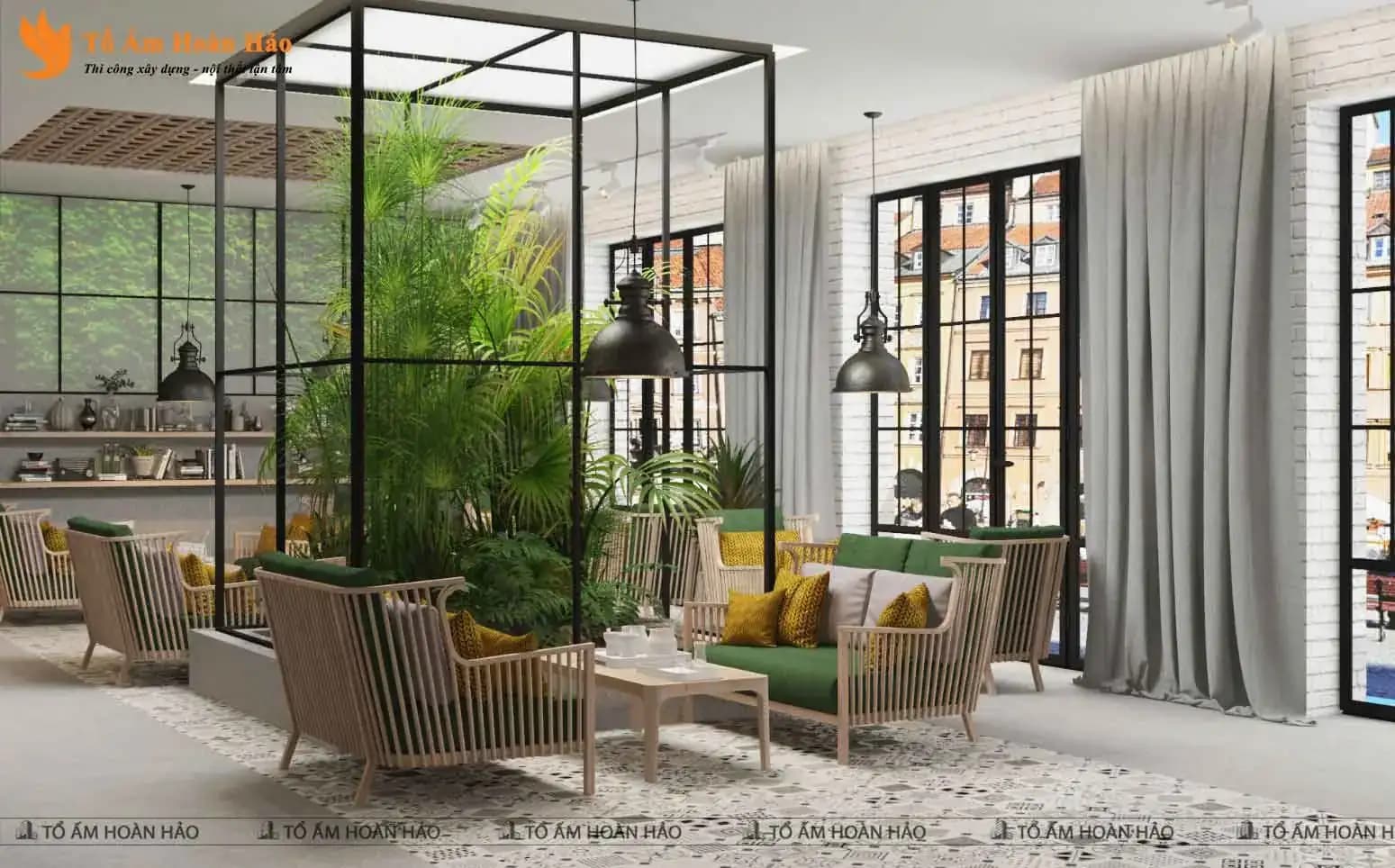 CHIÊM NGƯỠNG THIẾT KẾ QUÁN CÀ PHÊ 120M2 PHONG CÁCH TROPICAL XANH MÁT – SHOHA COFFEE