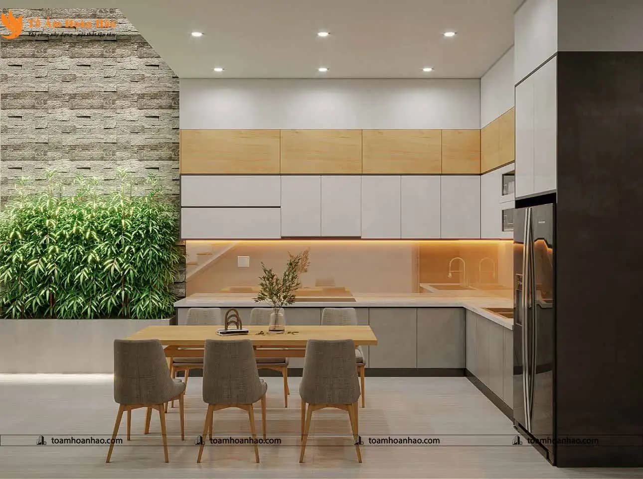 Trang trí tiểu cảnh xanh giúp không gian bếp thêm lý tưởng