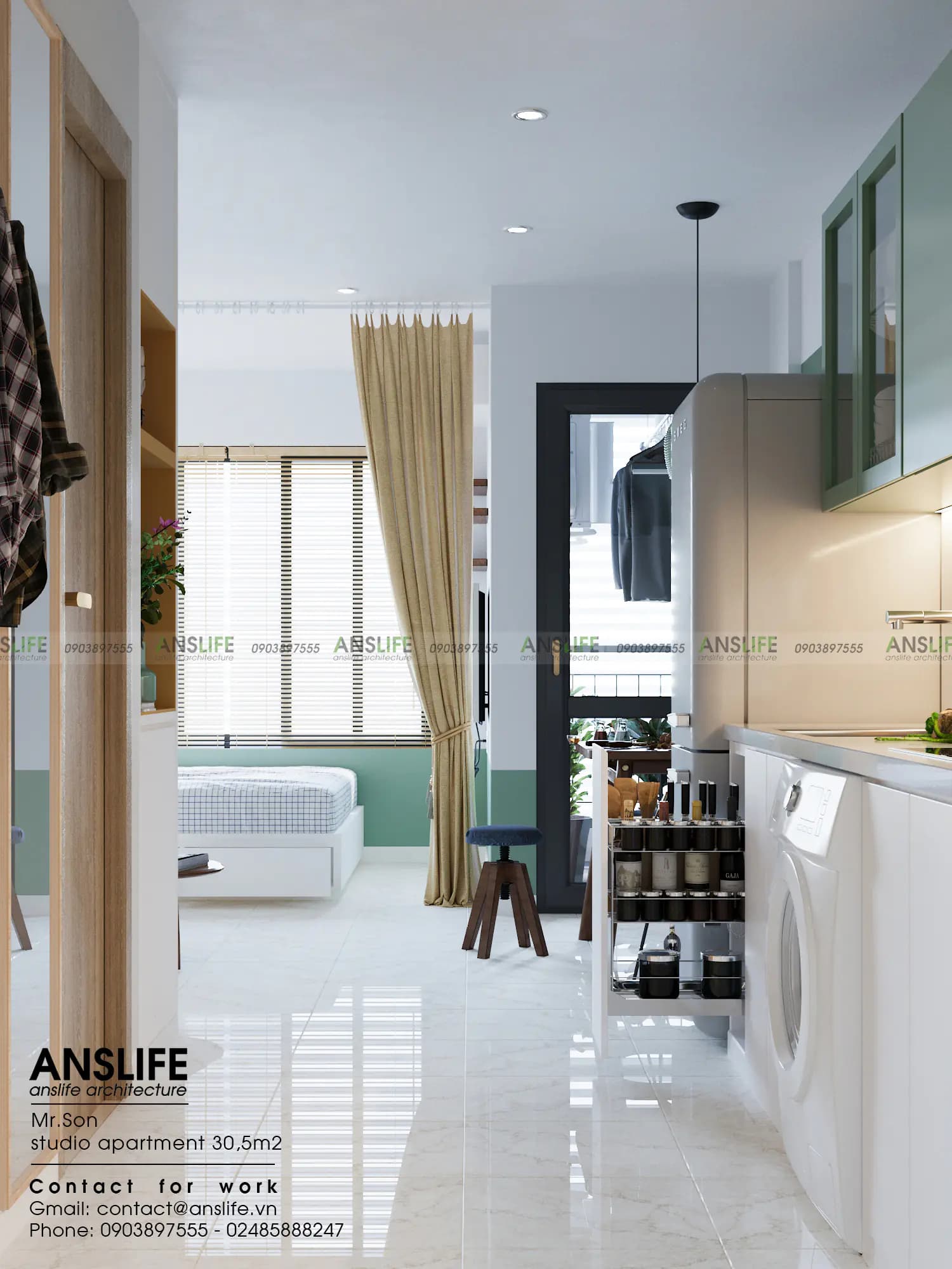 Căn hộ Studio 30m2 tone xanh trắng