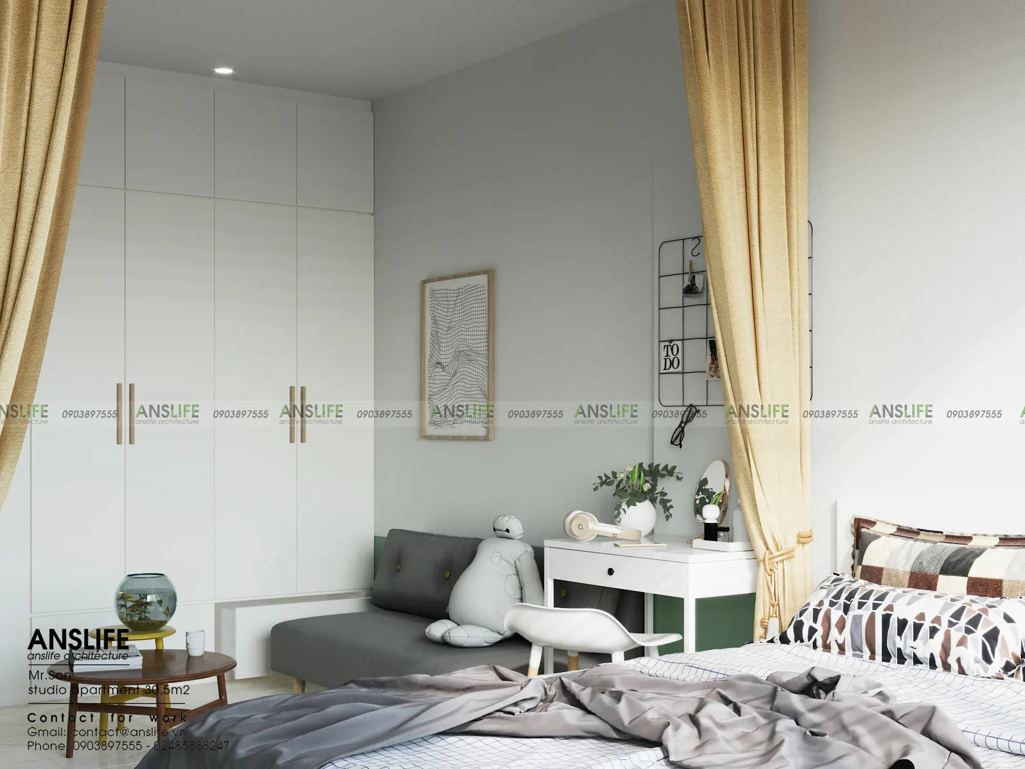 Thiết kế phòng khách – Căn hộ Studio 30m2 tone xanh trắng