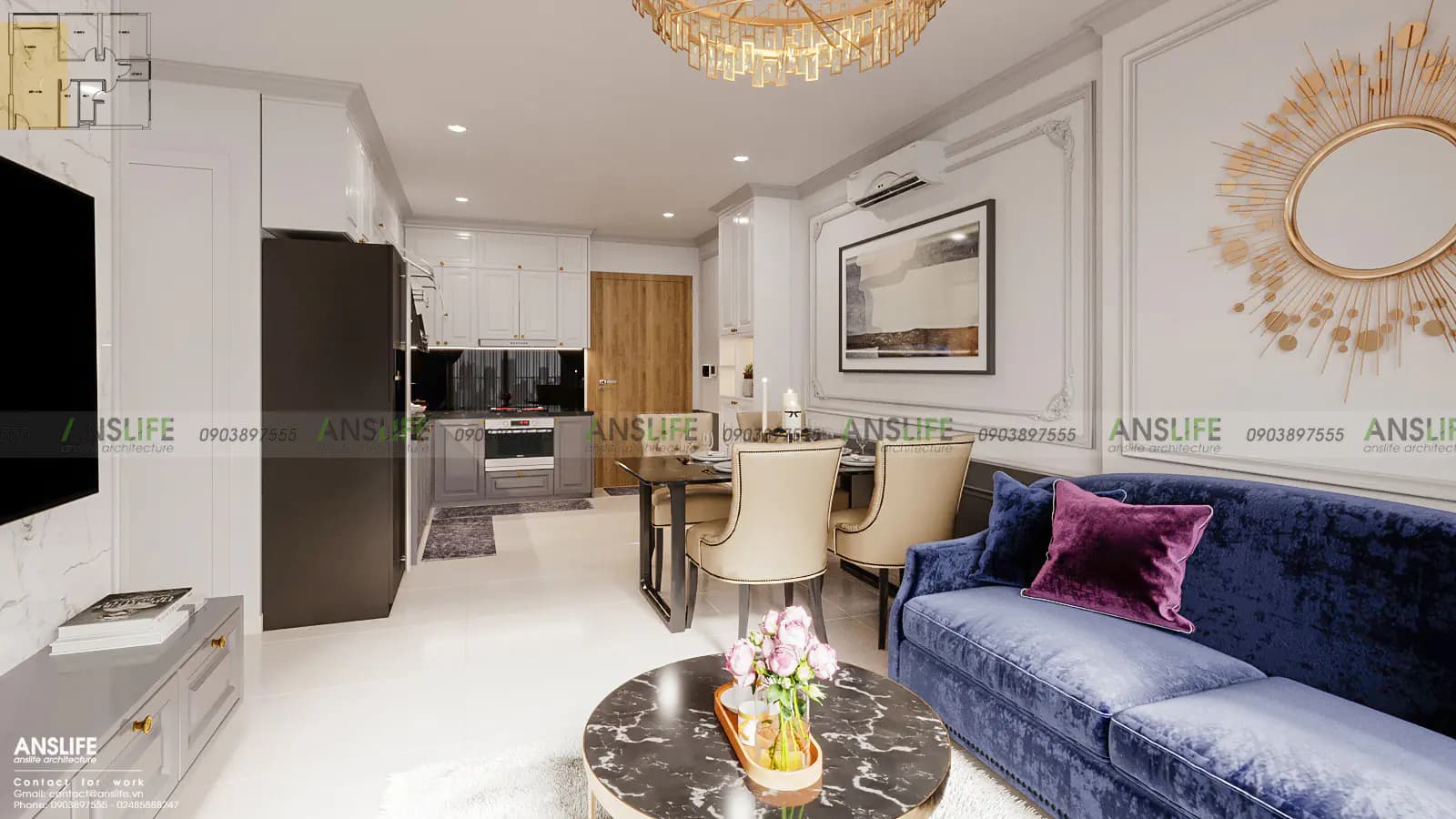 NỘI THẤT CHUNG CƯ VINHOMES GRANDPARK DIỆN TÍCH 82M2 – PHONG CÁCH BÁN CỔ ĐIỂN SANG TRỌNG