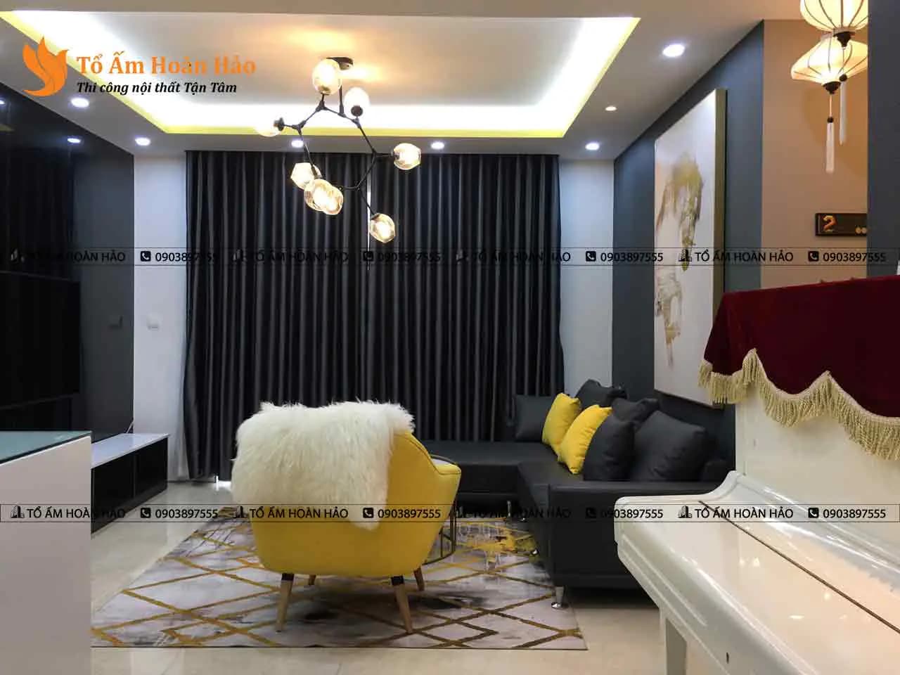 Phòng khách và bếp : – Chung cư 85m2 phong cách Nhật Bản