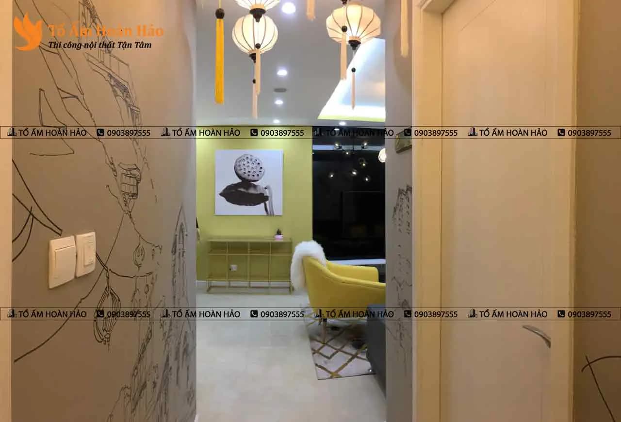 Phòng khách và bếp : – Chung cư 85m2 phong cách Nhật Bản