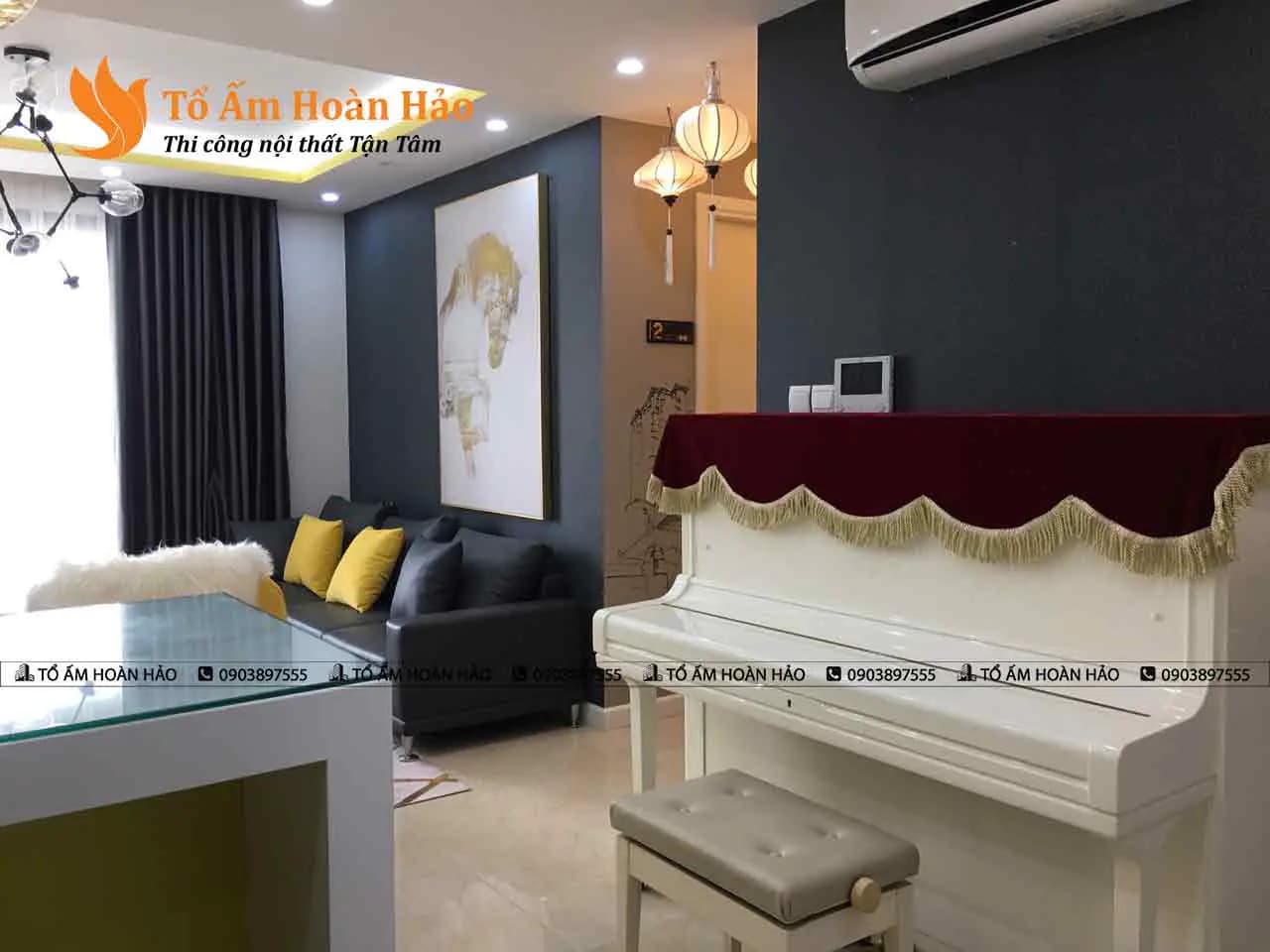 Phòng khách và bếp : – Chung cư 85m2 phong cách Nhật Bản