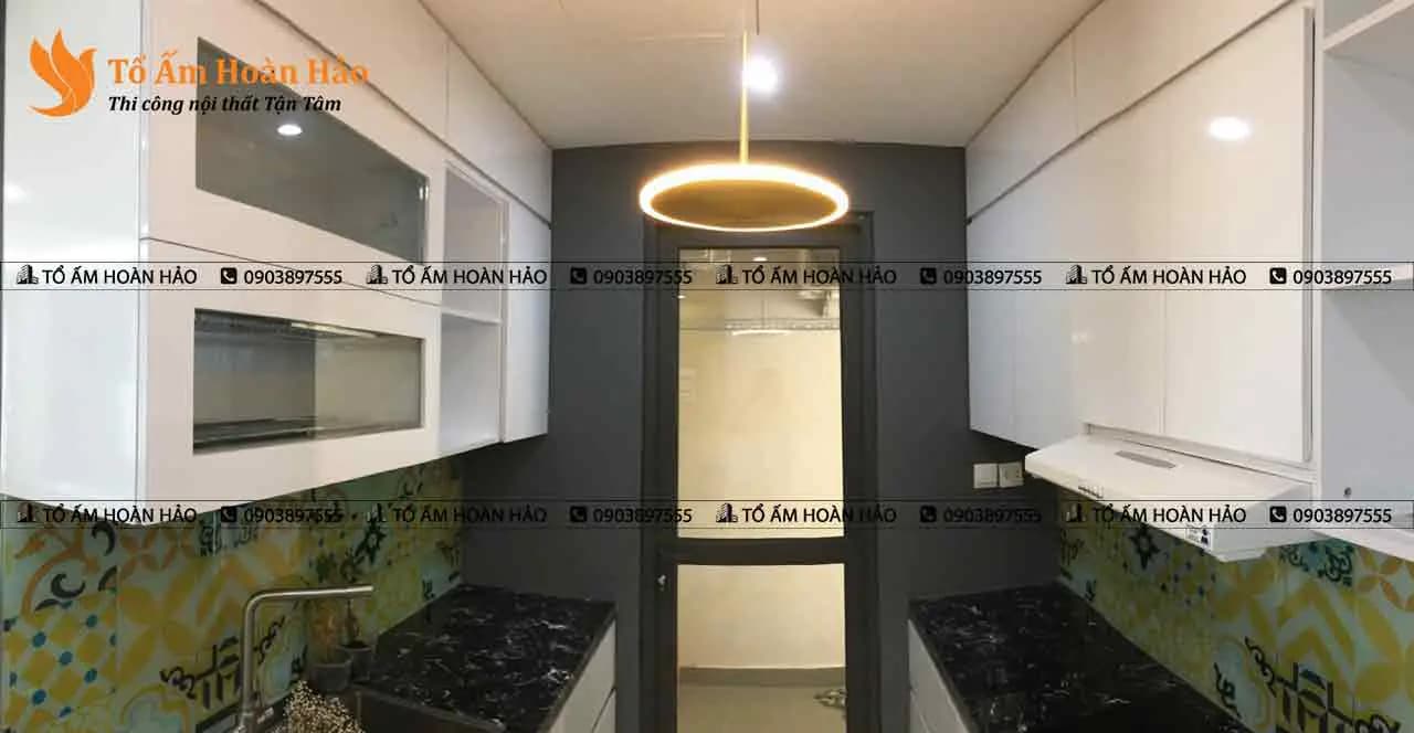 Phòng khách và bếp : – Chung cư 85m2 phong cách Nhật Bản