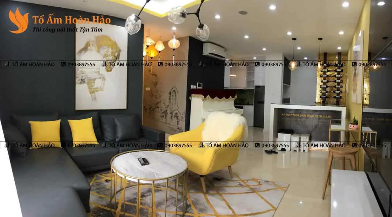 Phòng khách và bếp : – Chung cư 85m2 phong cách Nhật Bản